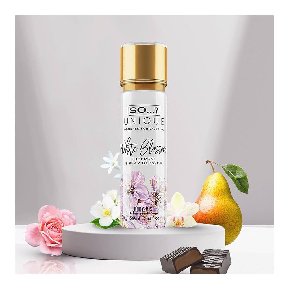Körpernebel-Flasche mit goldener Kappe. Aufschrift: So...? Unique, White Blossom. Mit Blüten und Birne dekoriert.