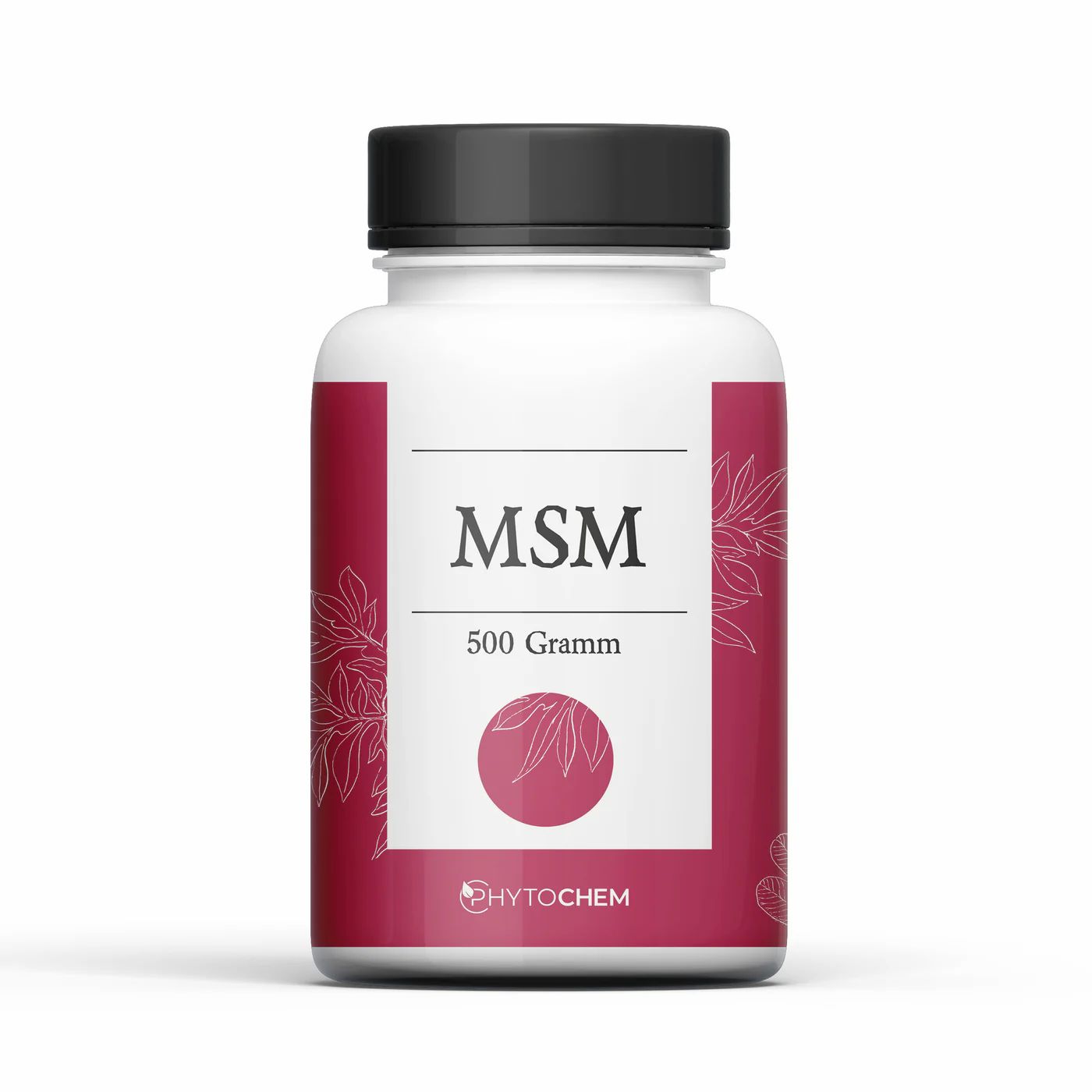 Weiße Flasche mit schwarzem Deckel. Aufschrift MSM, 500 Gramm. Roter Hintergrund mit floralem Muster. Marke: Phytochem.