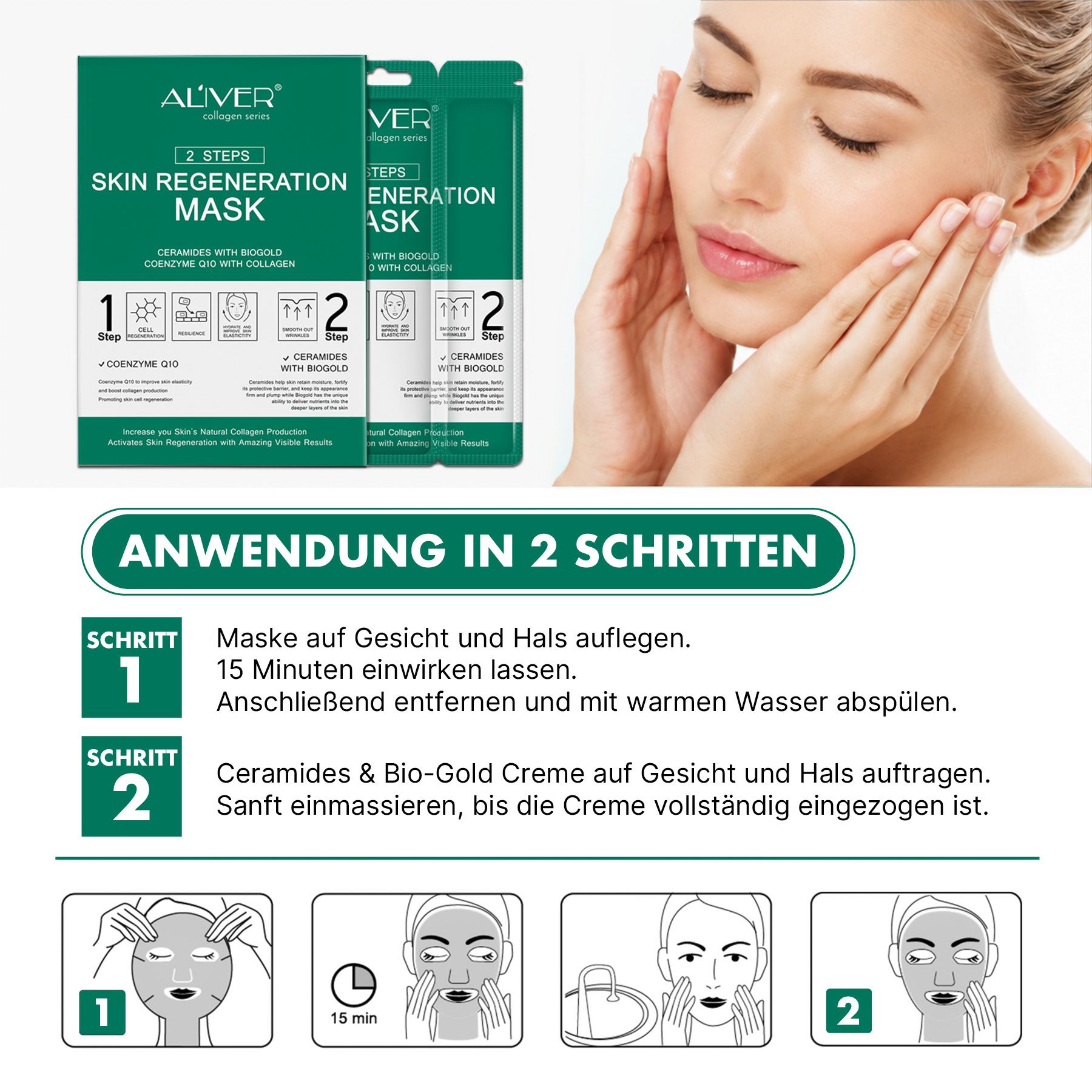 ALIVER Skin Regeneration Maske: Schritt 1 Regeneration, Schritt 2 Pflege & Schutz mit Coenzym Q10 und Ceramiden.
