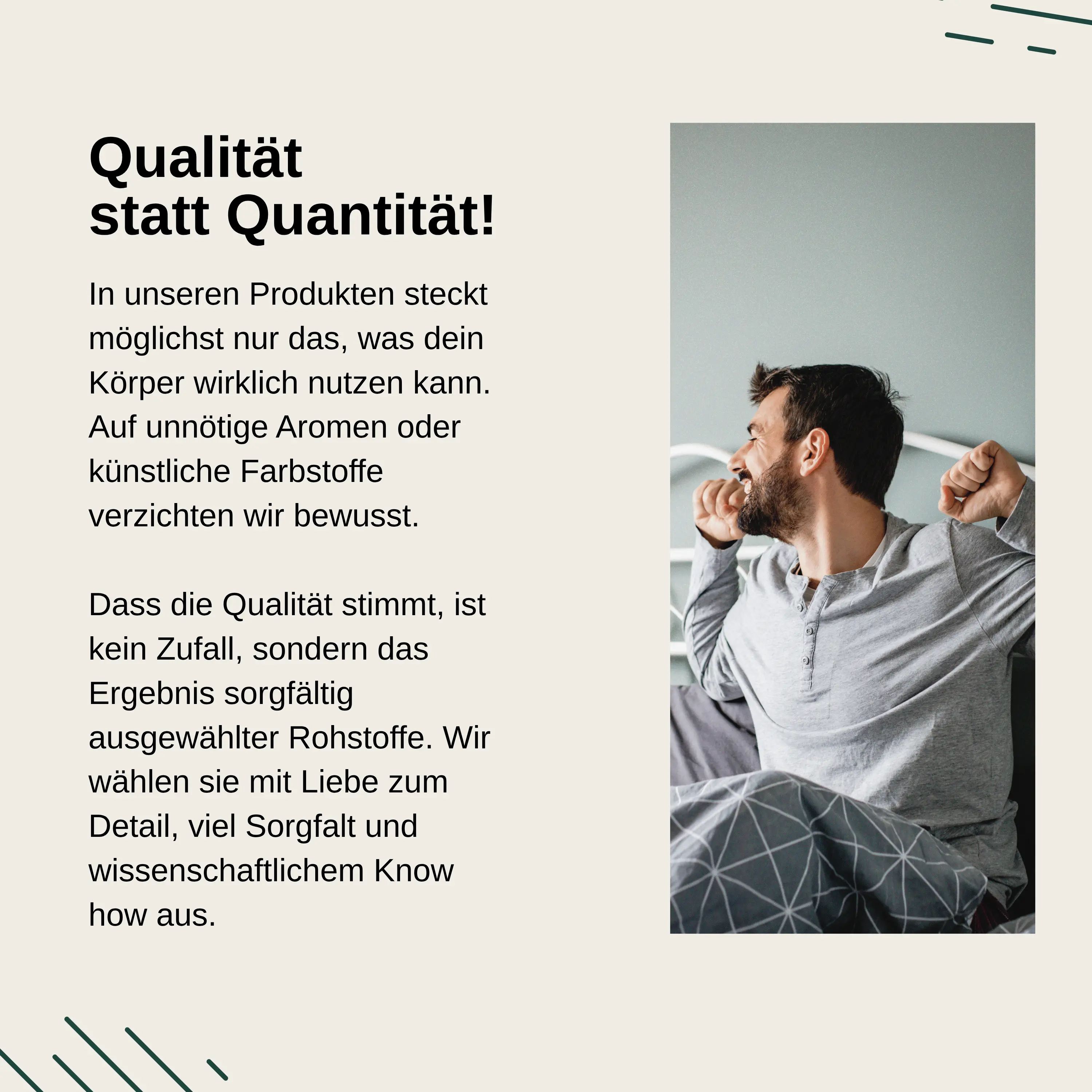 Mann in Pyjama streckt sich im Bett aus, neben Text über Produktqualität.