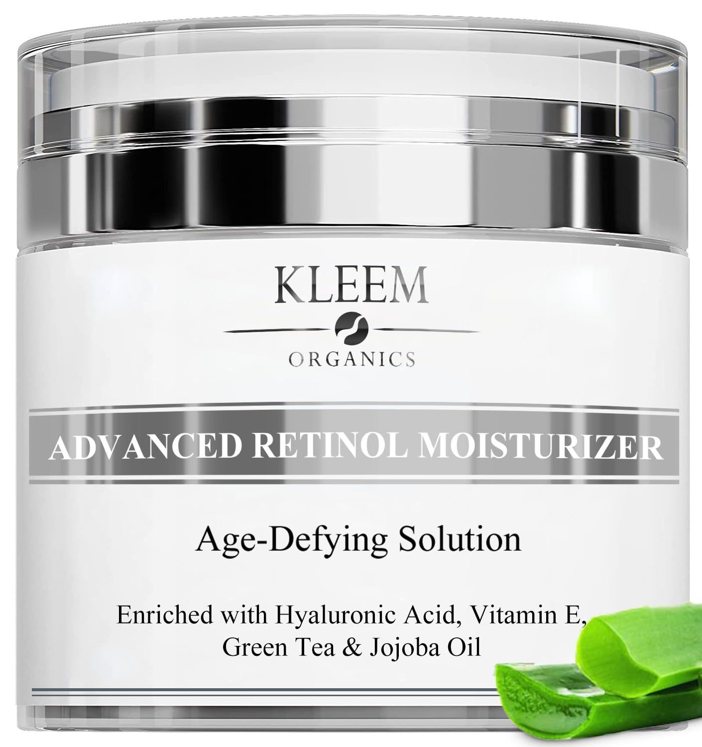 Cremebehälter mit silbernem Deckel. Aufschrift: Kleem Organics, Advanced Retinol Moisturizer, Age-Defying Solution. Mit Aloe Vera.