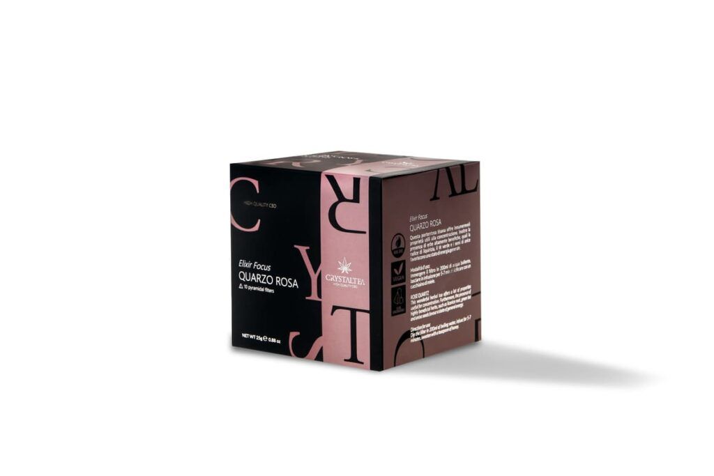 Verpackung des CBD Focus Tees Konzentrationstee - Quarzo Rosa mit rosa und schwarzen Akzenten.