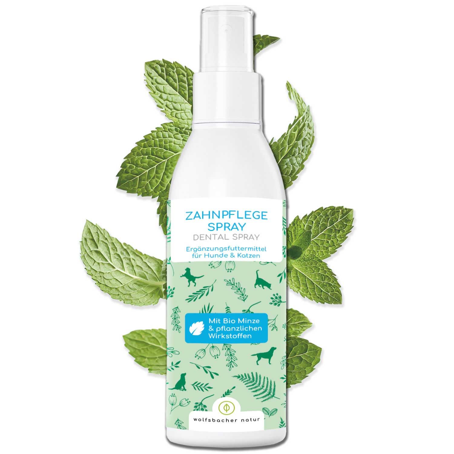 Weiße Sprühflasche mit grünem Etikett, 'Zahnpflege Spray'. Mintblätter umgeben die Flasche. 'Mit Bio Minze & pflanzlichen Wirkstoffen'.