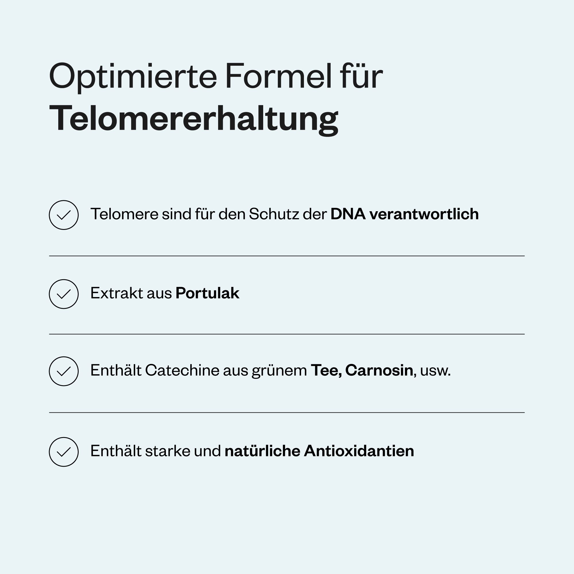 Text mit Aufzählungspunkten. Themen: Schutz der DNA, Extrakt aus Portulak, Catechine aus grünem Tee, Antioxidantien. Hintergrund: hellblau.