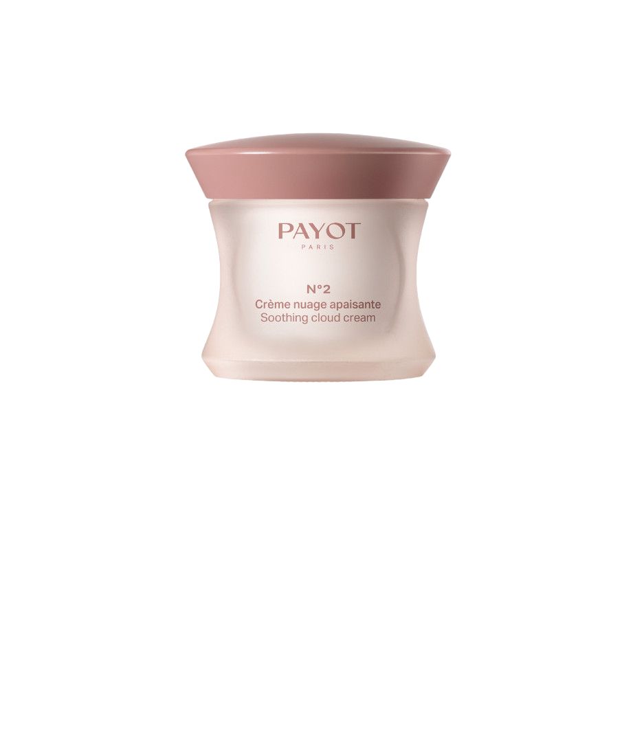 Creme-Glas mit rosa Deckel. Aufschrift: PAYOT, N°2 Crème nuage apaisante, Soothing cloud cream.