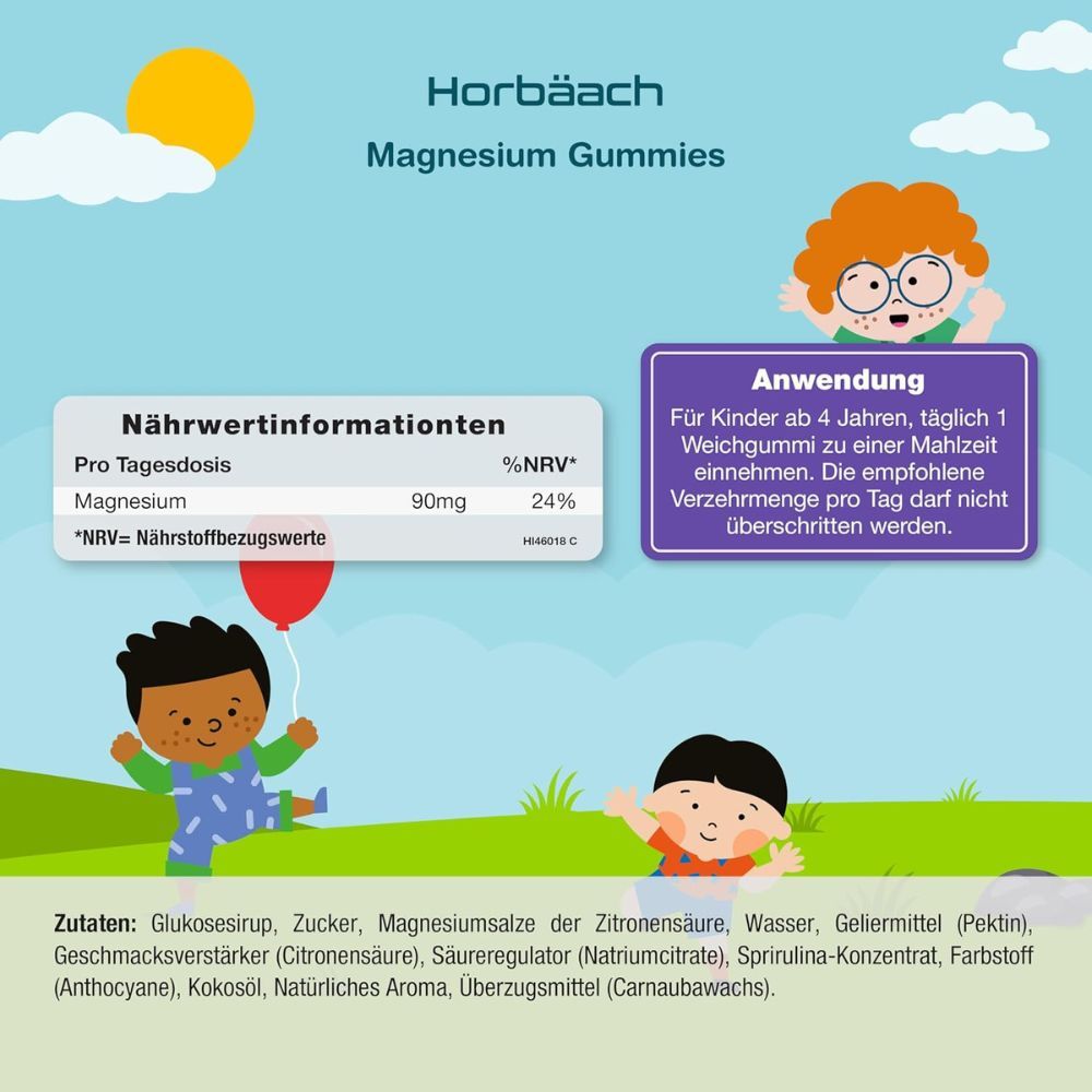 Horbaach Kinder Magnesium Gummies. Lila Flasche mit Gummibärchen. 60 Gummies, 90mg, Erdbeergeschmack. Vegan.