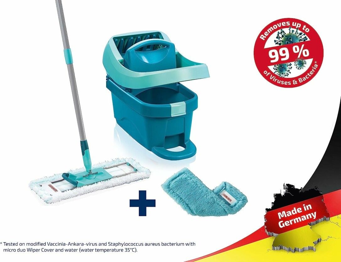 Türkis-farbener Wischmopp-Set mit Eimer, Wischbezug und Stiel. Enthält „Made in Germany“ Siegel. Entfernt bis zu 99% Viren & Bakterien.