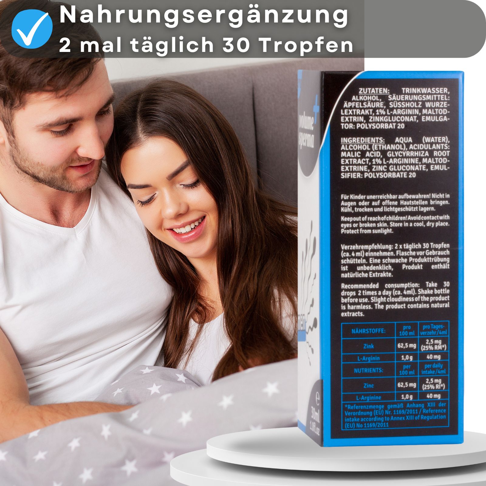 Produktflasche und Verpackung neben Paar. Verpackung mit "volume sperma" und Logo "ero".