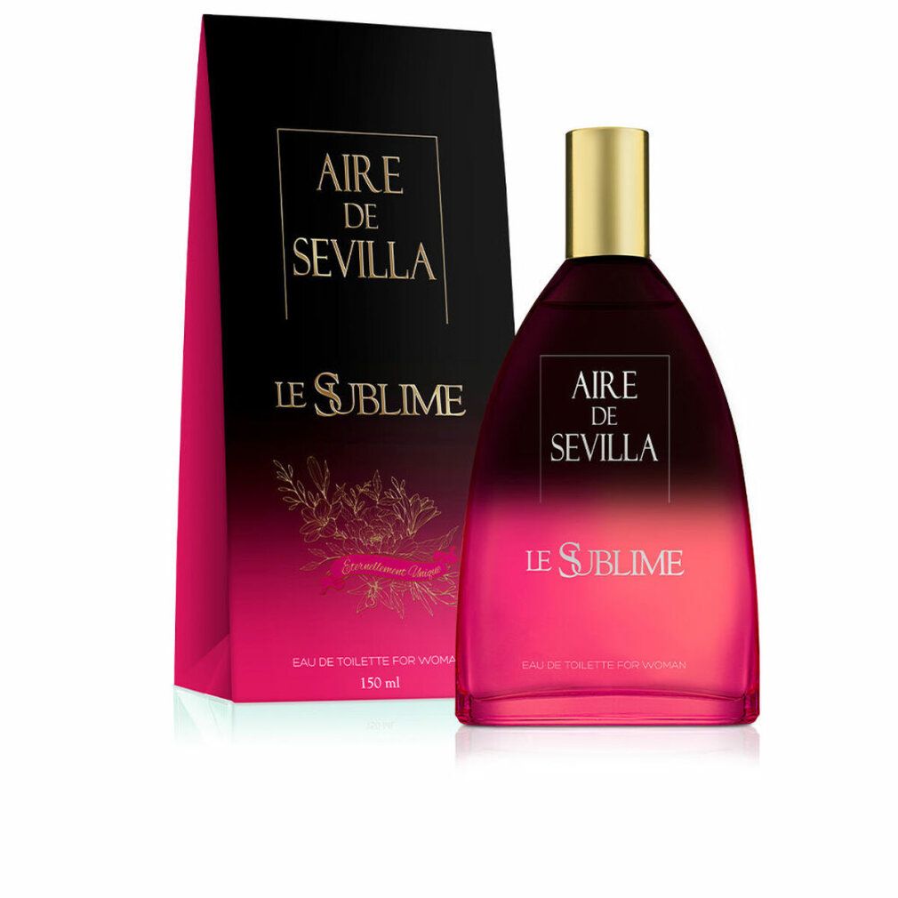 Flakon und Verpackung von Aire de Sevilla Le Sublime. Rosa-schwarzes Design. Goldener Deckel. Schriftzug Le Sublime.
