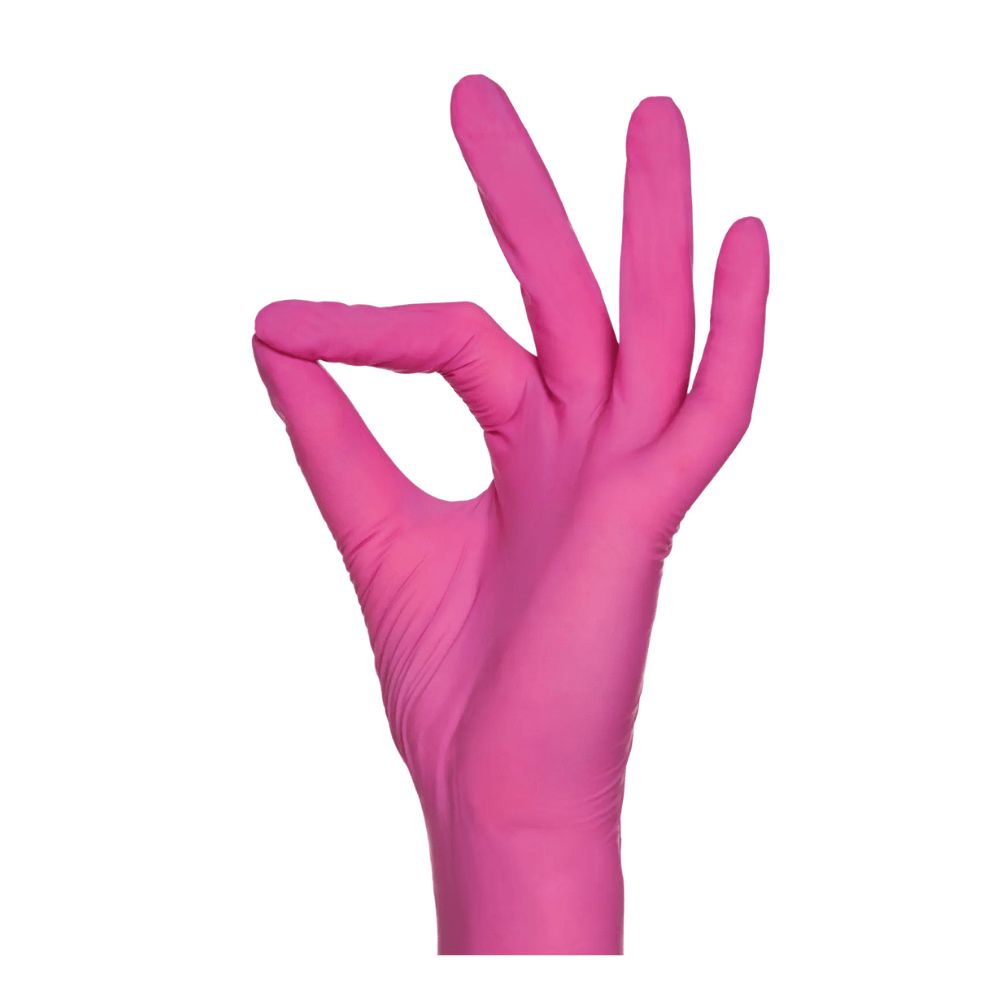 Eine pinkfarbene medizinische Untersuchungshandschuhhand, die ein 'OK'-Zeichen formt. Die Finger sind leicht gebogen.