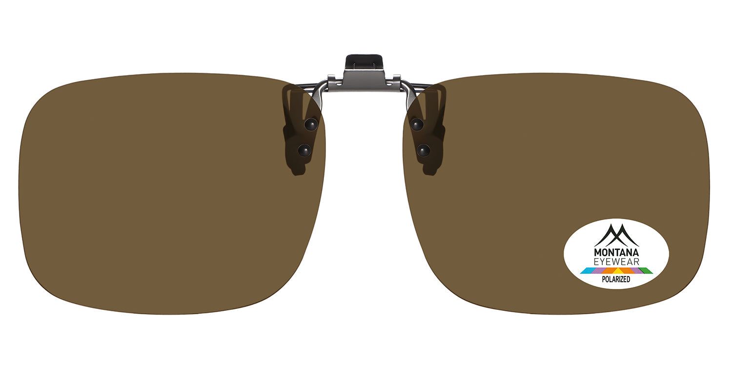 Montana Eyewear Tofino Clip-on-Sonnenbrille. Braune Gläser, silberfarbener Clip. Polarisiert. Ovales Logo.