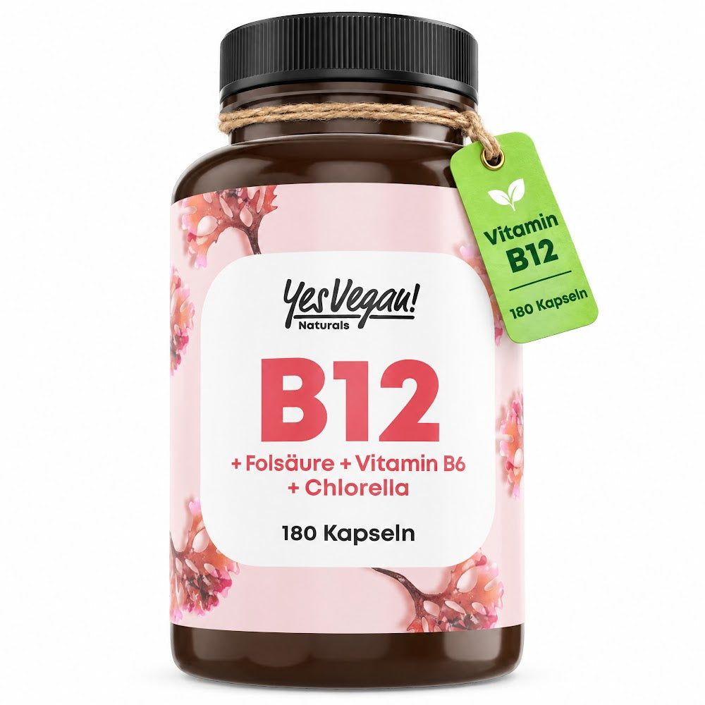Braune Flasche mit schwarzem Deckel, enthält 180 Kapseln Vitamin B12.