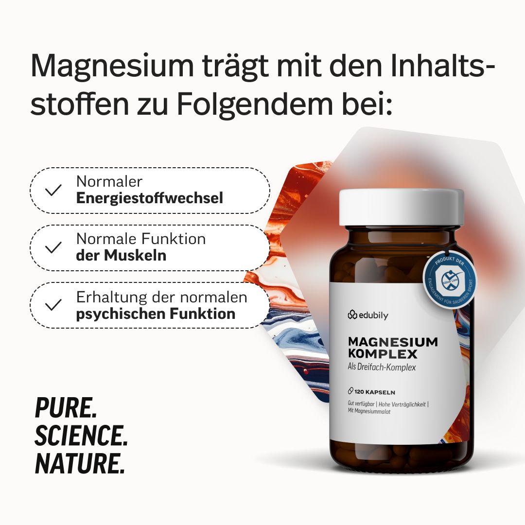 Flasche Magnesium Komplex. Magnesium unterstützt normalen Energiestoffwechsel, Muskelfunktion, psychische Funktion.