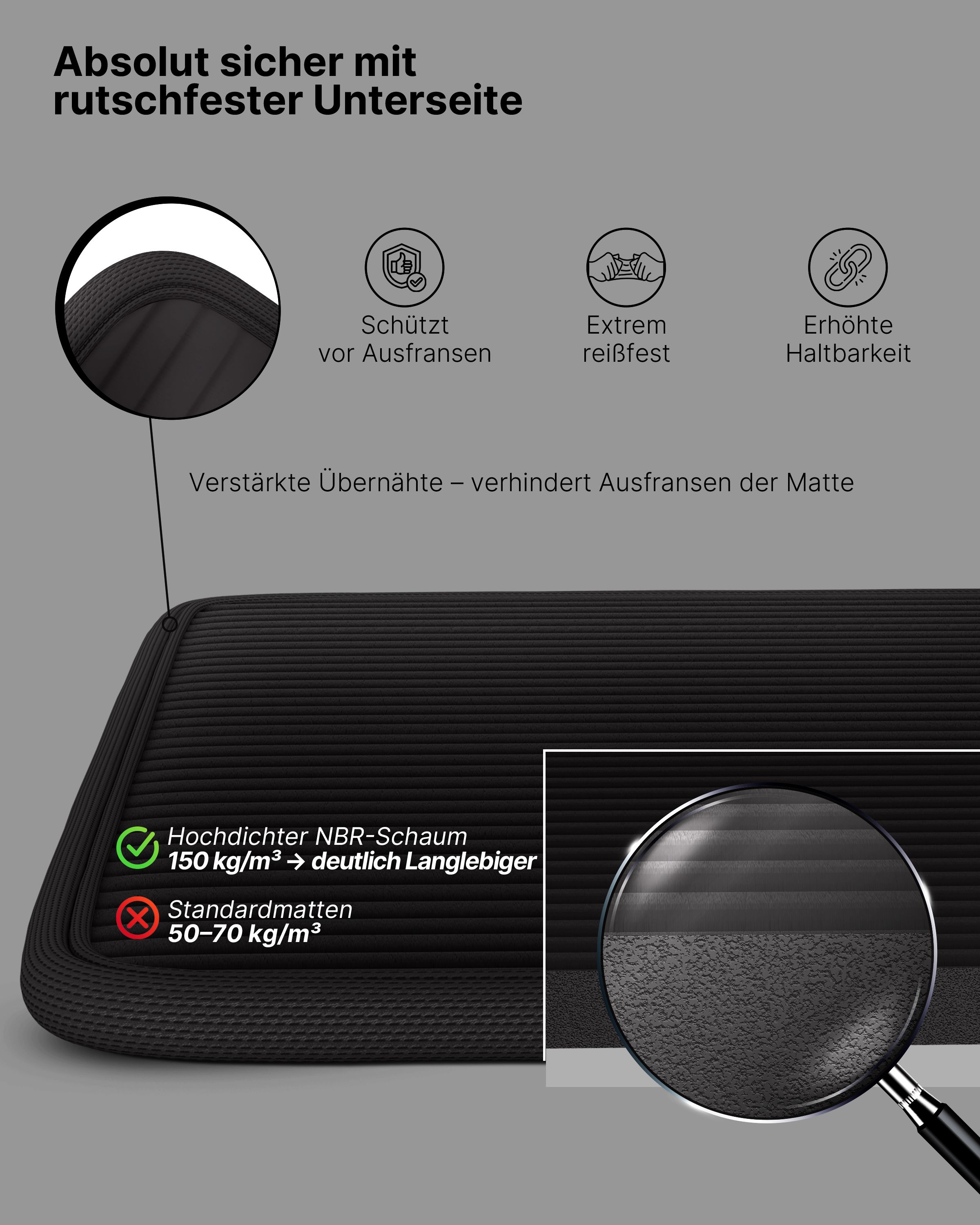 Nahaufnahme einer schwarzen Fitnessmatte. Die Matte hat eine strukturierte Oberfläche und verstärkte Nähte. Vergrößerte Ansicht der Oberfläche.