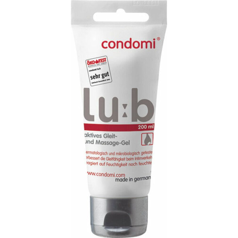 Weißes Tube mit "condomi" und "Lu:b" Aufdruck. "ÖKO-TEST" Siegel. "200 ml" und "aktives Gleit- und Massage-Gel" Text.