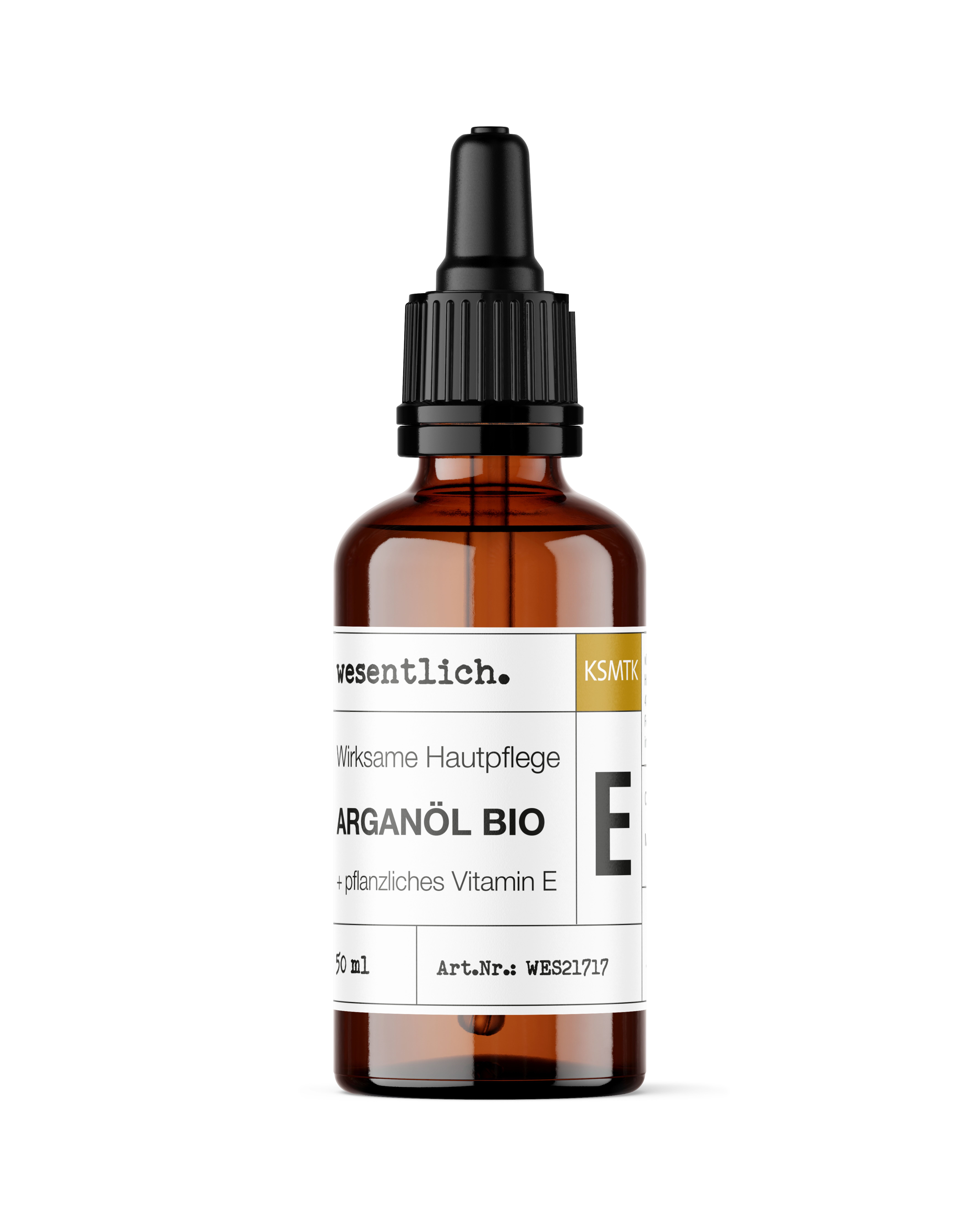 Braunglasflasche mit Tropfer. Beschriftung: ARGANÖL BIO + Vitamin E. Produktinformationen auf Etikett.