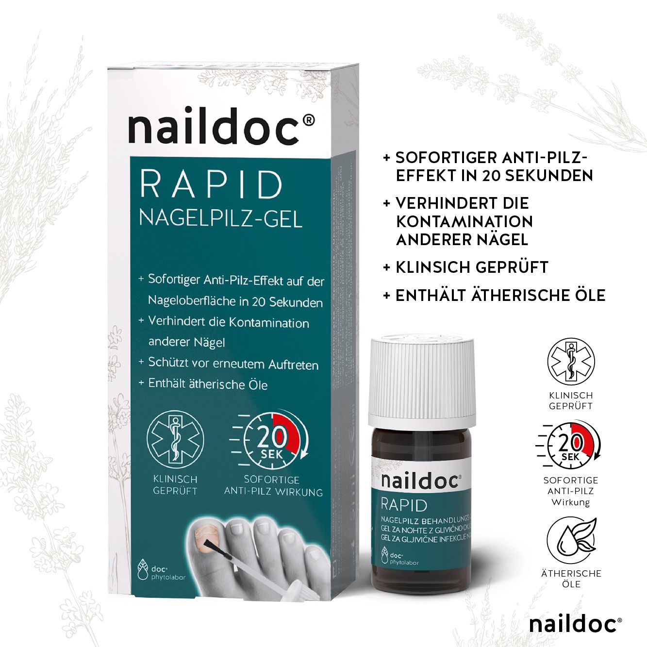 Karton und Flasche naildoc RAPID Nagelpilz-Gel. Aufschrift: RAPID Nagelpilz-Gel. Klinisch geprüft. 20 Sek.