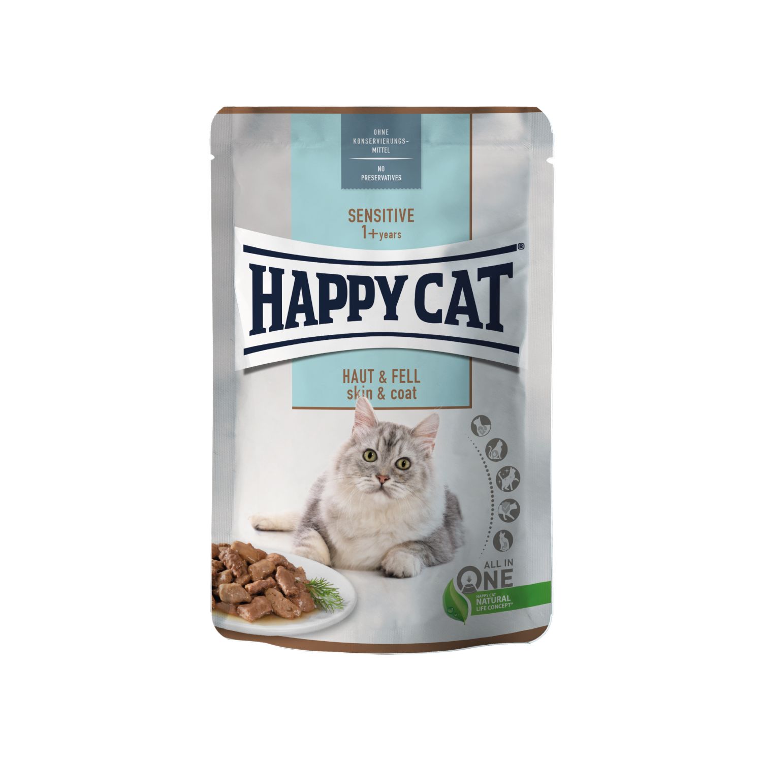 Verpackung von Happy Cat Sensitive Meat in Sauce Haut & Fell. Abbildung einer Katze und Fleischstücke. Text: Sensitive, Haut & Fell.