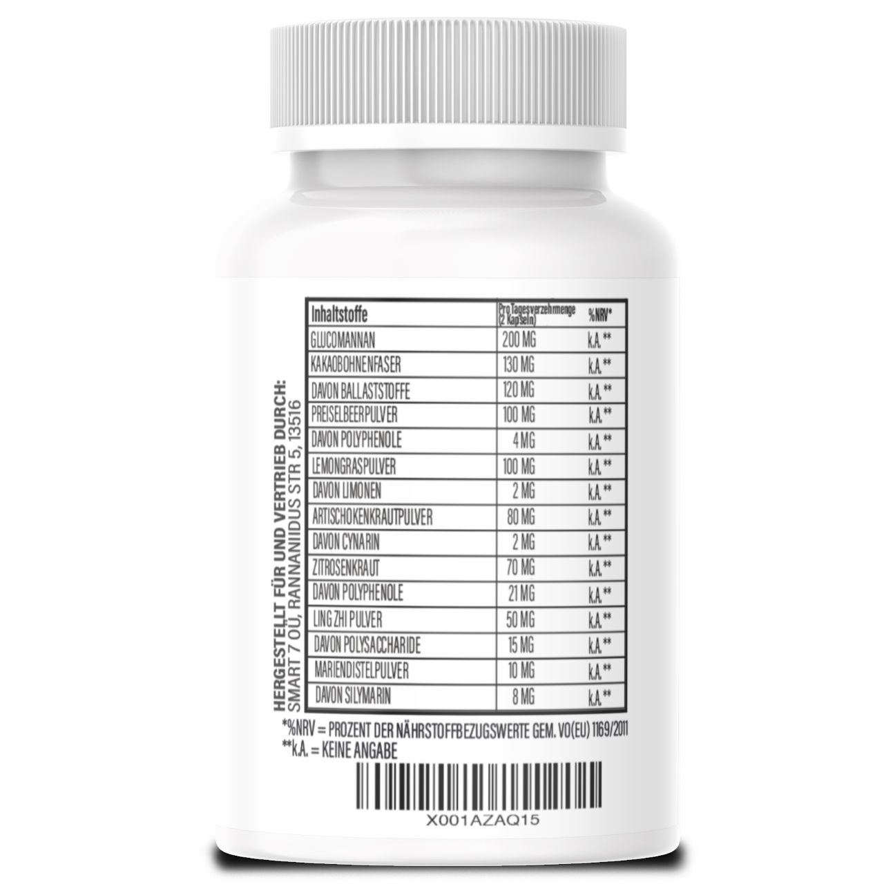 Rückseite einer weißen Kapsel-Dose. Auflistung der Inhaltsstoffe und Nährwertangaben. Barcode und Herstellerangaben.