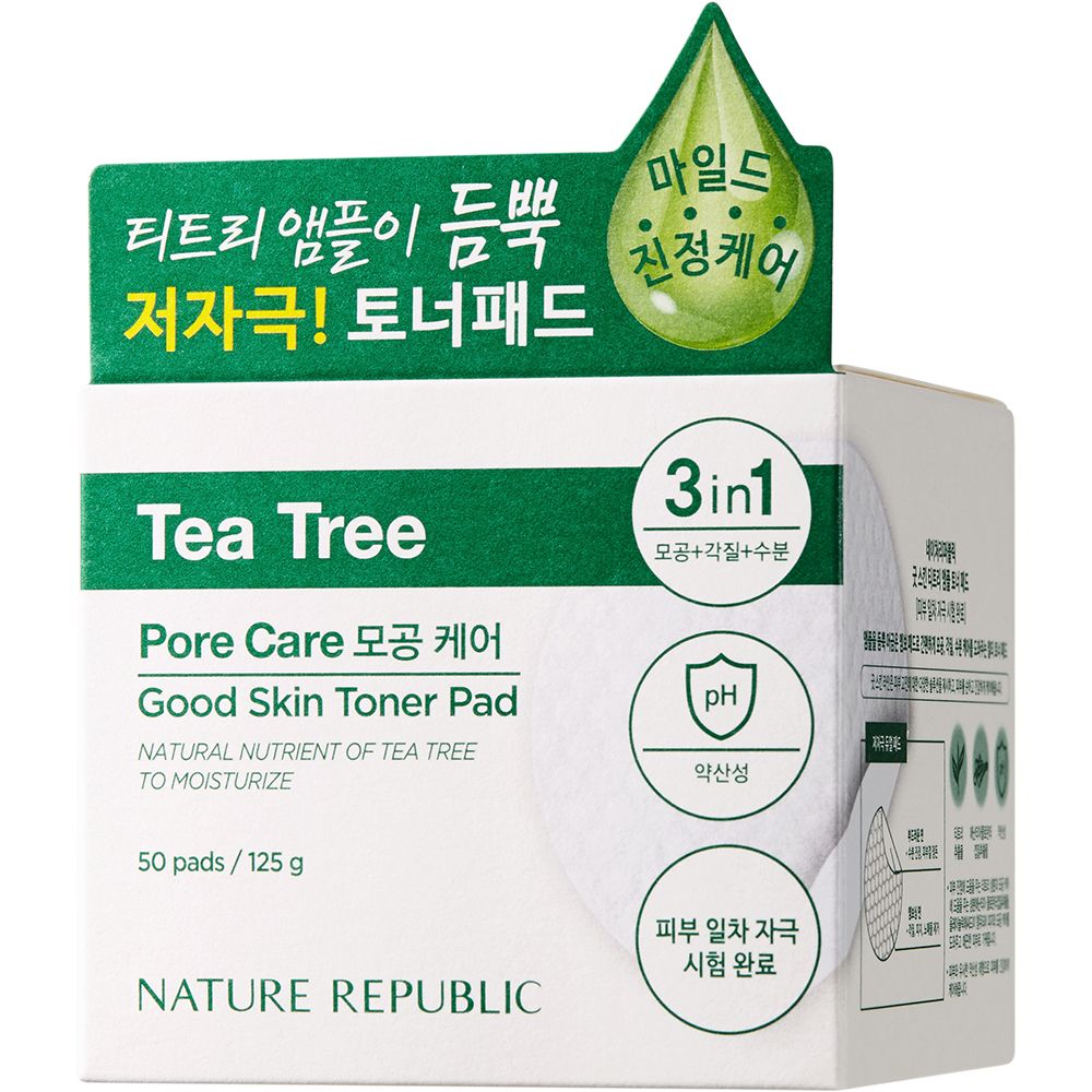 Verpackung mit grünem Etikett. Text: Tea Tree, Pore Care, Good Skin Toner Pad, 50 pads / 125 g, NATURE REPUBLIC. Mit Illustrationen.
