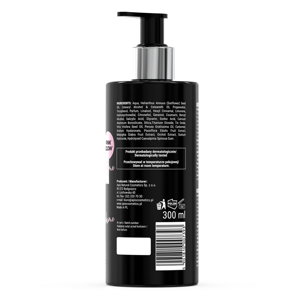 Rückseite einer schwarzen Flasche mit Pumpe. Text: Inhaltsstoffe, 300 ml, Barcode. Pink Glow-Logo.