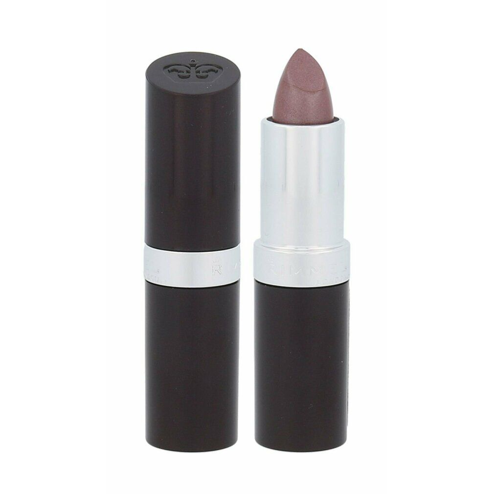 Lippenstift, geöffnet. Der Lippenstift ist hellrosa. Der Deckel hat ein Logo.