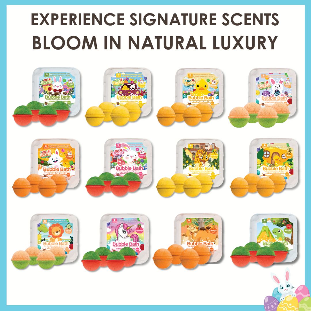 Verschiedene Verpackungen mit Badebomben. Unterschiedliche Designs und Farben. Text: Signature Scents.