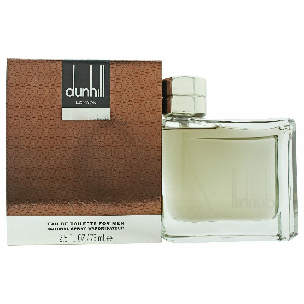 Flacone e confezione di Dunhill London Eau de Toilette. Scritta: Eau de Toilette for Men, 2.5 FL. OZ/75 mle. Flacone trasparente, scatola marrone.