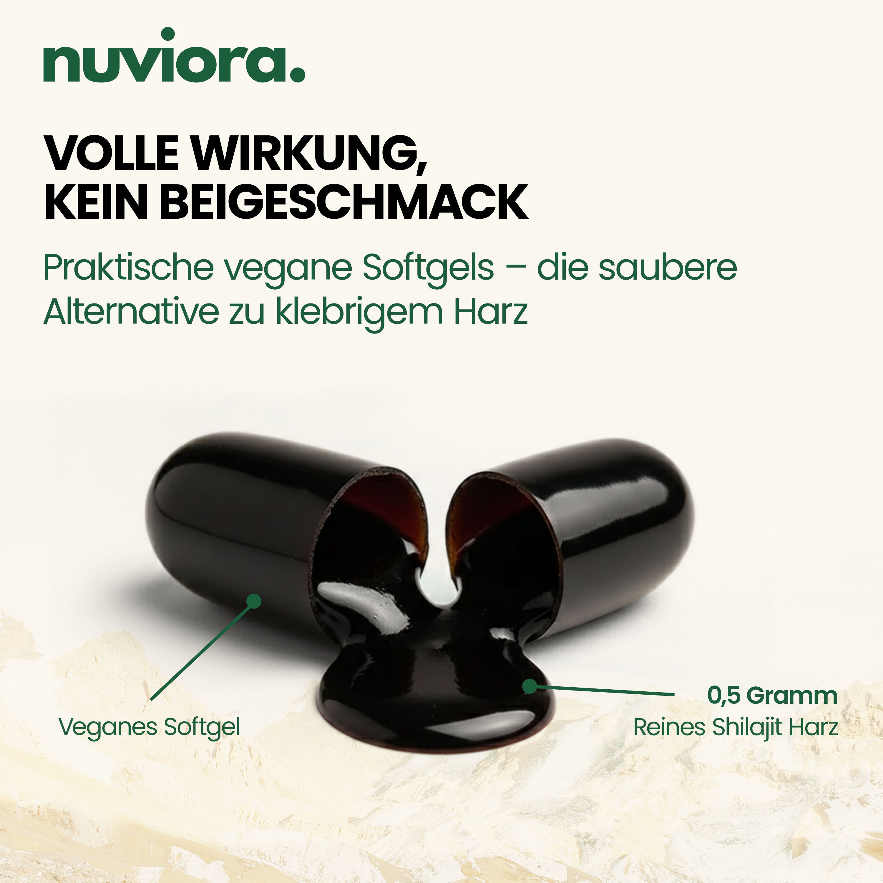 Zwei Softgels. Aufschrift: Veganes Softgel. 0,5 Gramm reines Shilajit Harz.