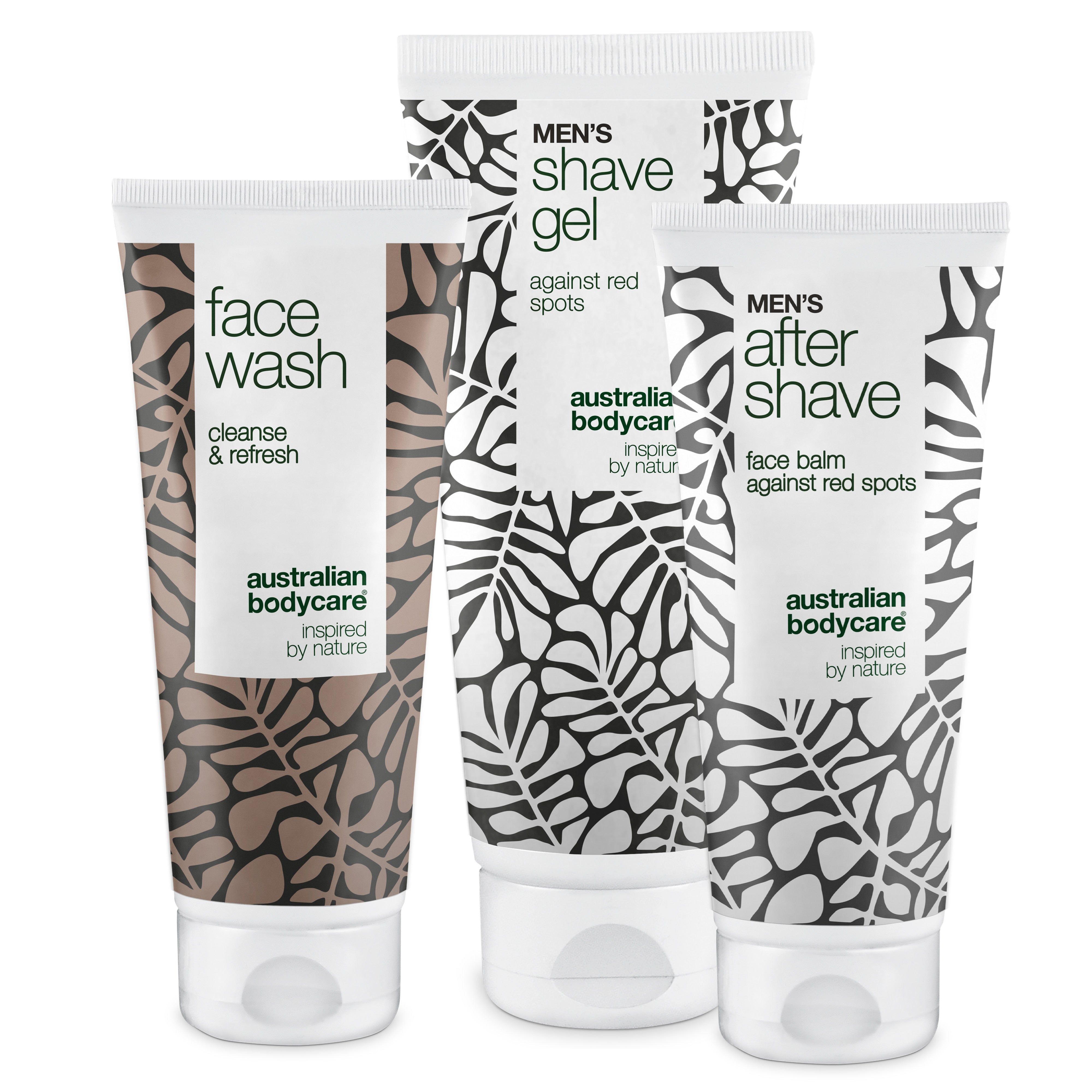 Drei Tuben mit weißem Deckel. Aufschrift: Face Wash, Men's Shave Gel, Men's After Shave. Marke: Australian Bodycare.