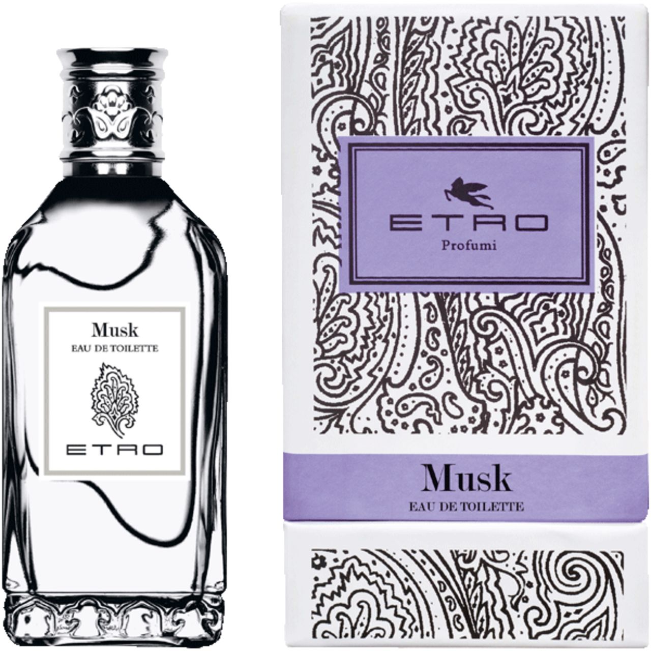 Flakon und Verpackung von Etro Musk Eau de Toilette. Flakon mit silbernem Verschluss, Verpackung mit Paisley-Muster.