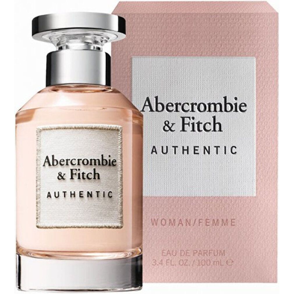 Parfümflakon und Verpackung. Aufschrift: Abercrombie & Fitch Authentic, Woman/Femme. 3.4 FL. OZ./100 mL.