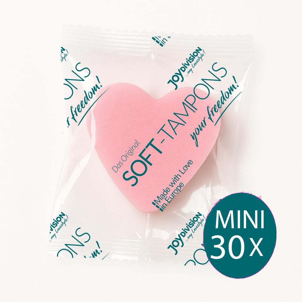 Einzeln verpackter rosa Herz-Tampon "Mini" mit "30x" Kennzeichnung.