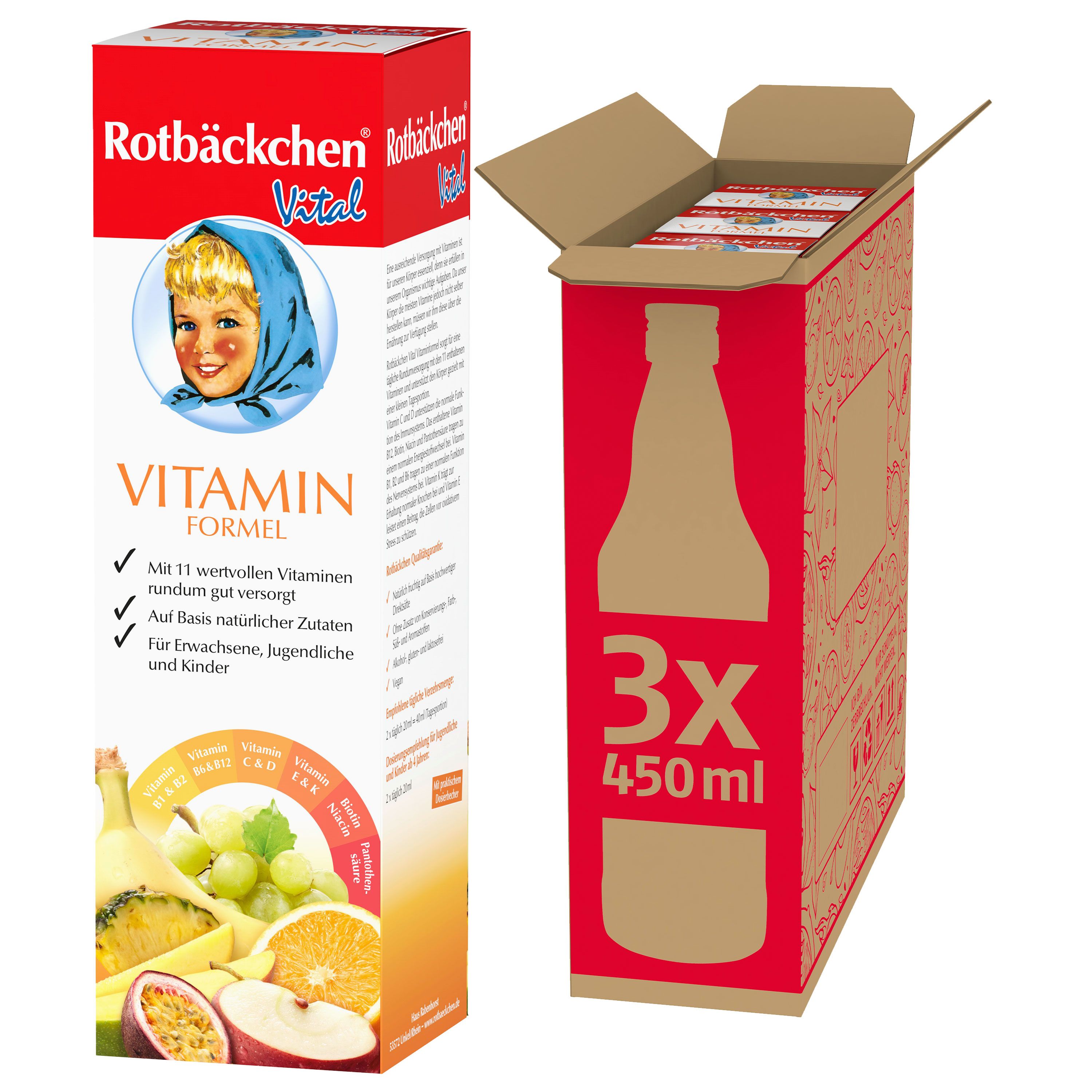 Rotbäckchen Vital Vitaminformel. Rote Verpackung mit Produktabbildung und Logo. Karton mit 3 Flaschen.