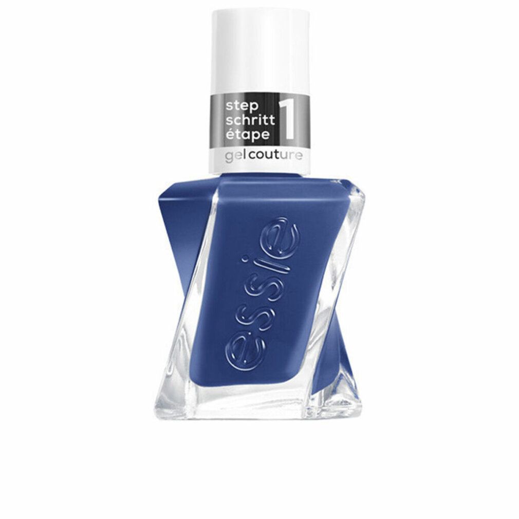 Essie Gel Nagellack Couture. Blaue Nagellackflasche mit weißem Deckel. Aufschrift: step, Schritt, étape, gel couture.
