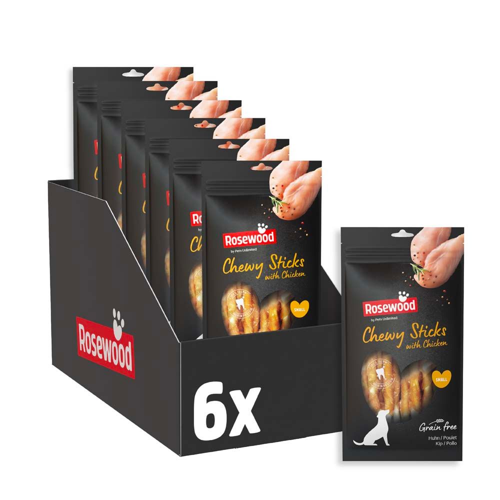 Display mit sechs Packungen Rosewood Chewy Sticks. Einzelne Packung daneben.