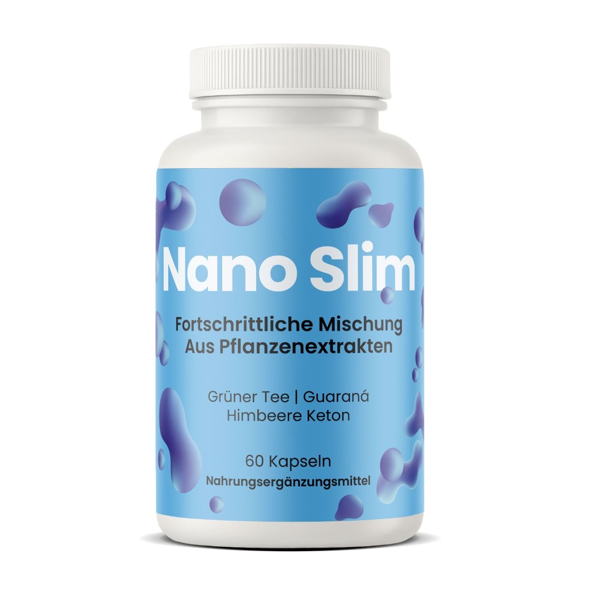 Weiße Flasche mit blauem Etikett. Aufschrift: Nano Slim, fortschrittliche Mischung aus Pflanzenextrakten, 60 Kapseln.
