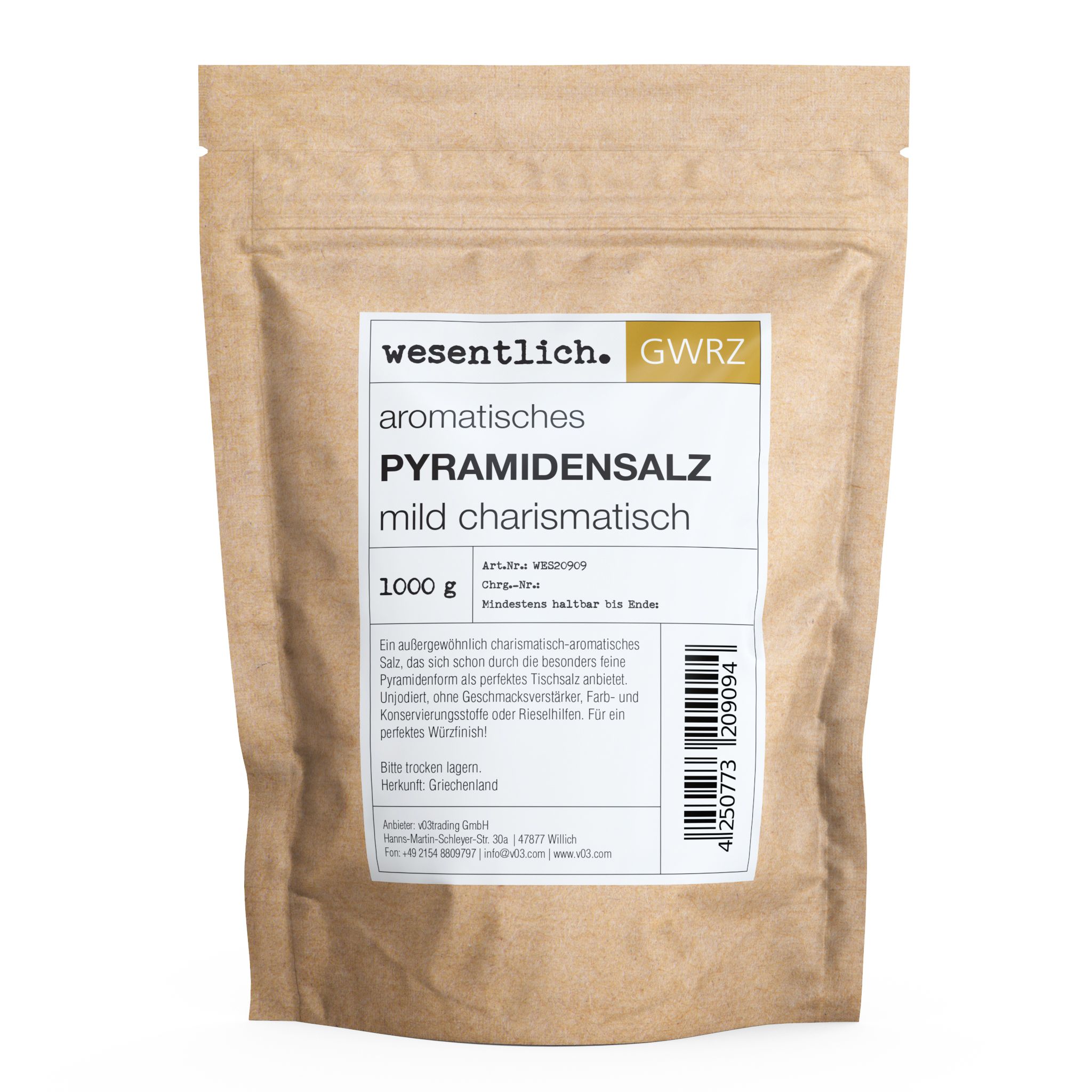 Beutel mit Pyramidensalz. Aufschrift: wesentlich, aromatisch, mild charismatisch. 1000 g. Etikett mit Produktinformationen.