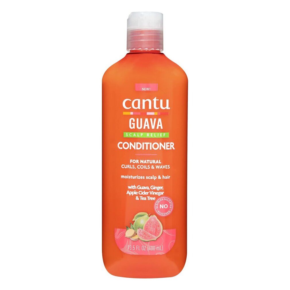 Orangefarbene Flasche mit weißem Deckel. Aufschrift: Cantu Guava Scalp Relief Conditioner. Für Locken, Wellen. Enthält Guave, Ingwer.