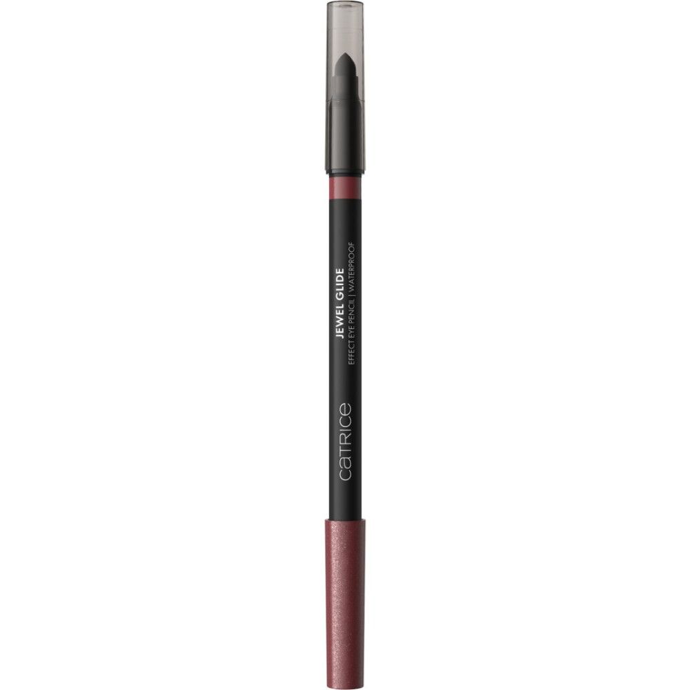 Catrice Jewel Glide Effect Augenstift. Schwarzer Stift mit roter Mine und transparenter Kappe. Text: JEWEL GLIDE EFFECT EYE PENCIL | WATERPROOF.