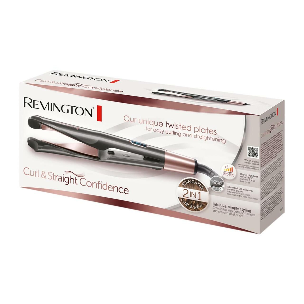 Verpackung von Remington Haarglätter. Produktabbildung. Text: Curl & Straight Confidence.