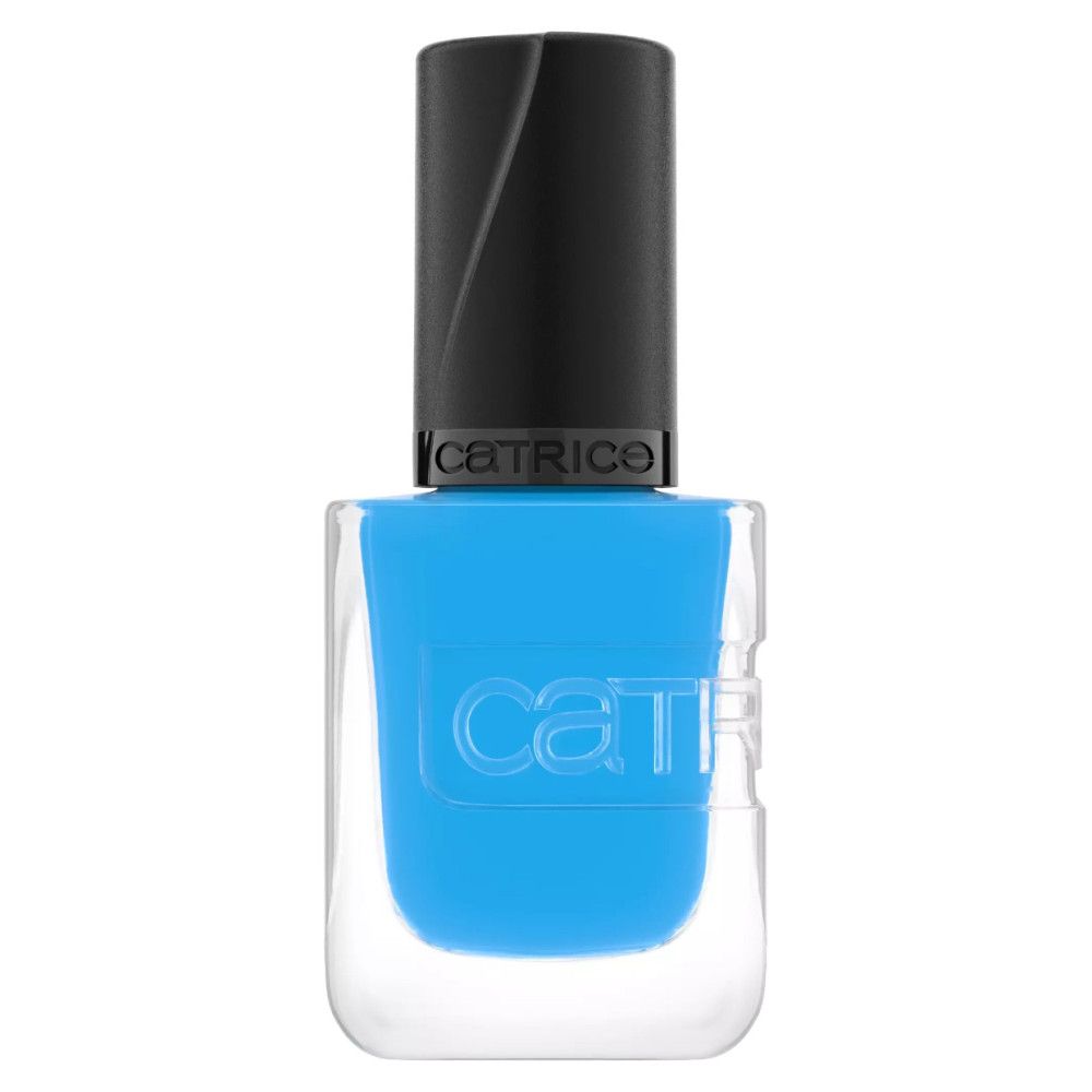 Nagellackflasche mit blauem Inhalt und schwarzem Deckel. Der Markenname ist auf der Flasche und dem Deckel sichtbar.