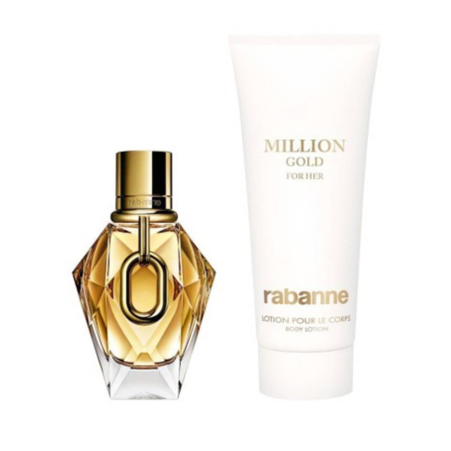 Paco Rabanne Flakon und Bodylotion. Flakon mit goldenem Verschluss. Bodylotion mit Schriftzug 'Million Gold For Her'.