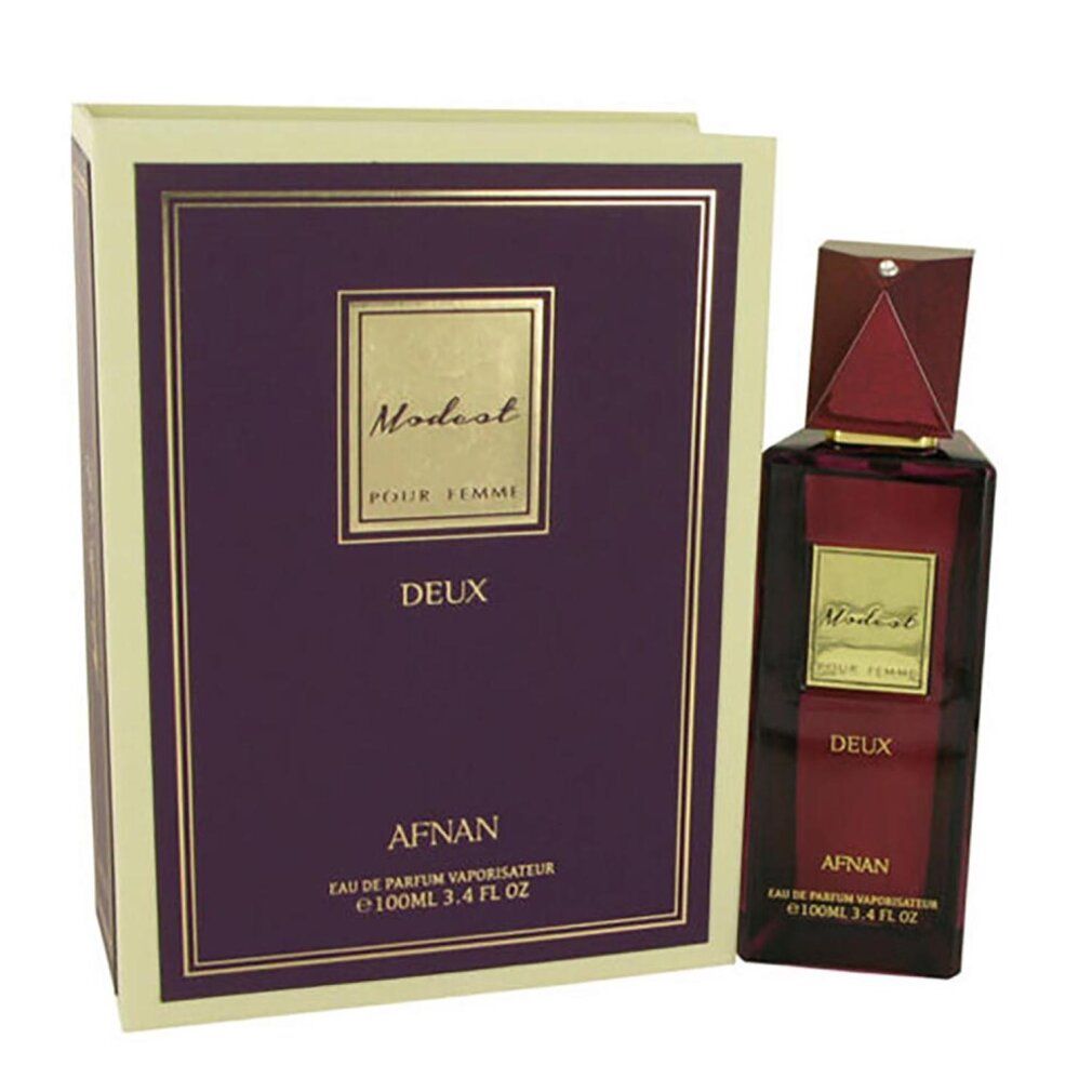 Dunkelroter Flakon und lila Schachtel. Goldfarbene Schriftzüge: Modest Pour Femme Deux, Afnan. Flakon mit rotem Deckel. Verpackung mit goldenem Rahmen.