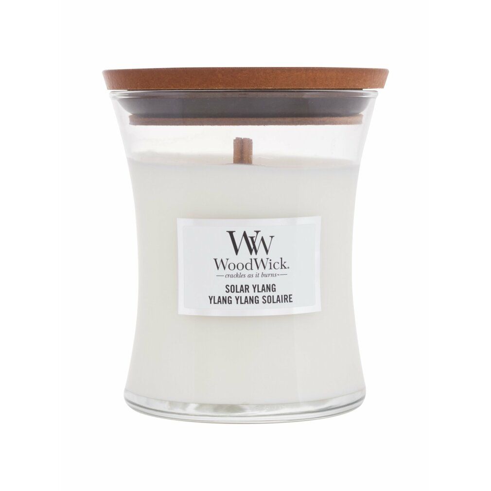 Kerze in Sanduhrform mit Holzdeckel. Aufkleber mit "WoodWick Solar Ylang".