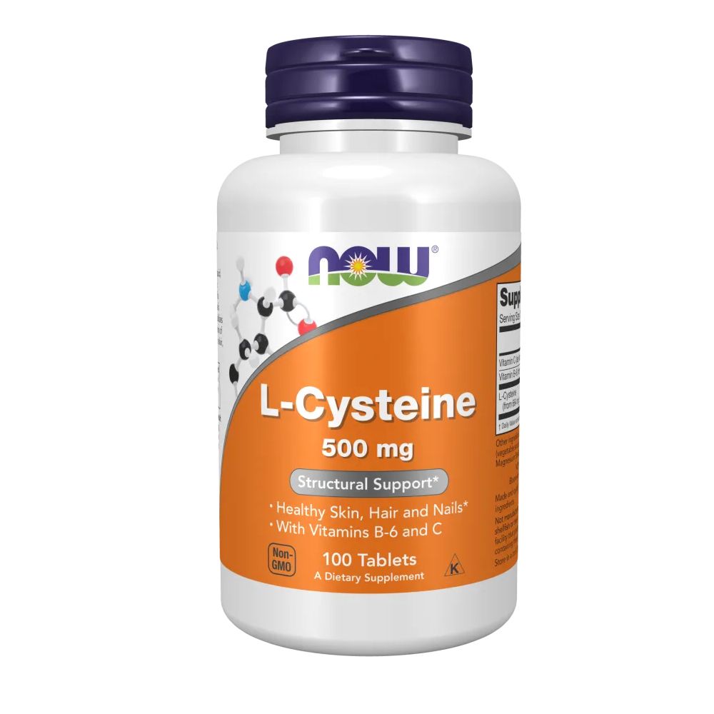 Flacone bianco con tappo blu. Scritta: L-Cisteina 500 mg. Contiene 100 compresse. Marchio: NOW.