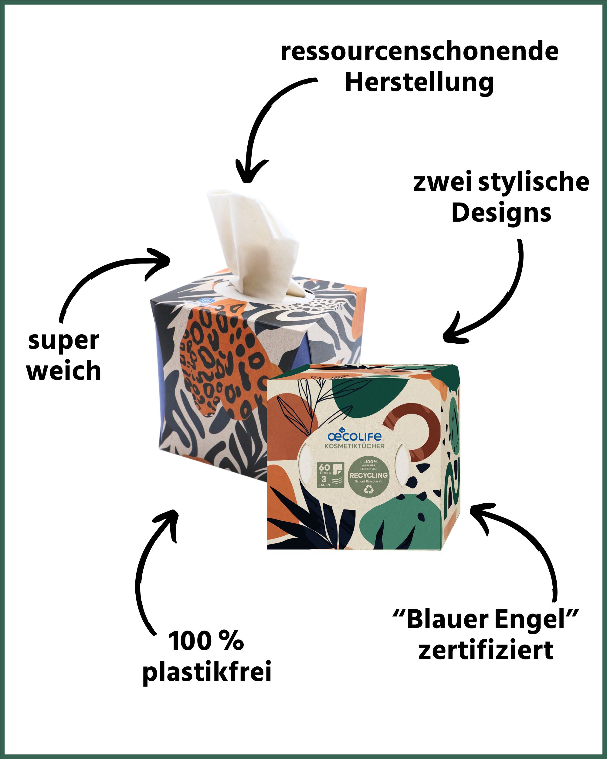 Zwei oecolife Kosmetiktücher-Packungen mit verschiedenen Designs, eine davon geöffnet.
