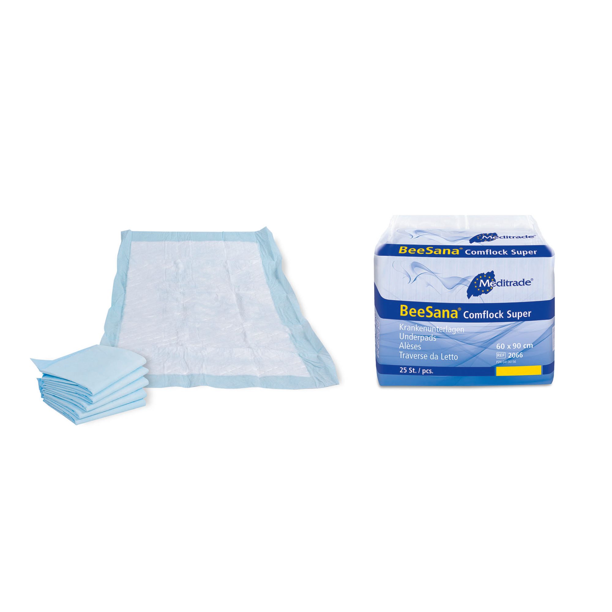 Mehrere blaue Bettunterlagen, teilweise gefaltet, neben einer Packung. Packung mit Produktnamen und Logo.