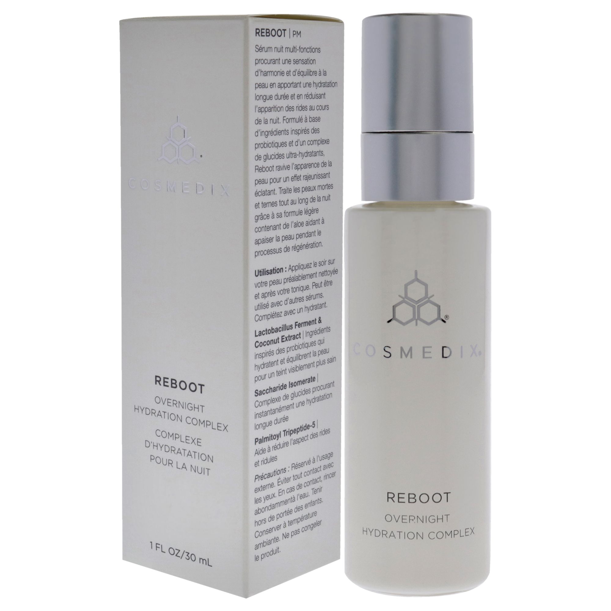 Weiße Verpackung und Flasche. Aufschrift: Cosmedix, Reboot Overnight Hydration Complex. 1 FL OZ/30 mL. Text in Französisch.