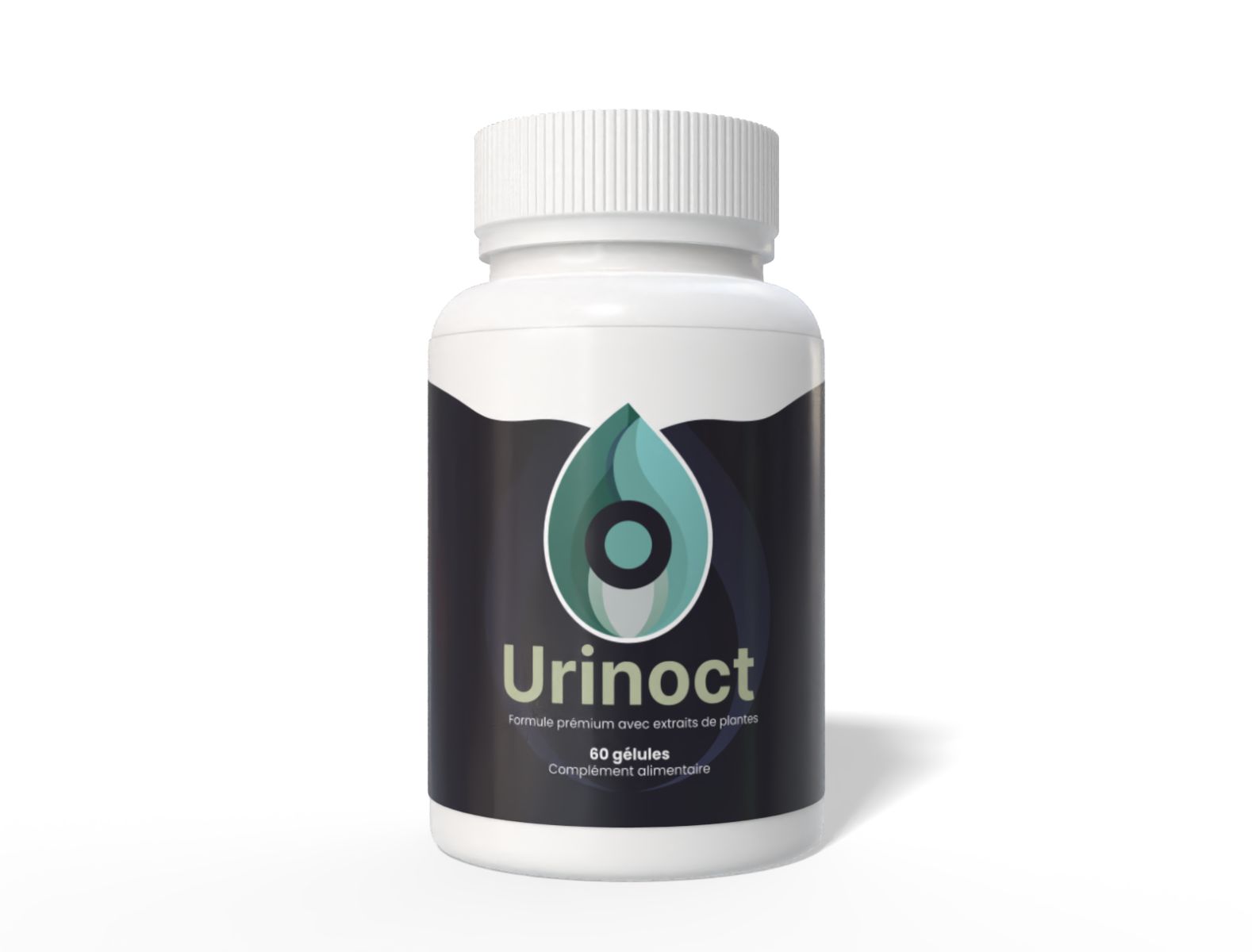 Weiße Flasche mit schwarzem Etikett. Aufschrift: Urinoct, 60 Kapseln, Nahrungsergänzungsmittel. Tropfen-Logo.